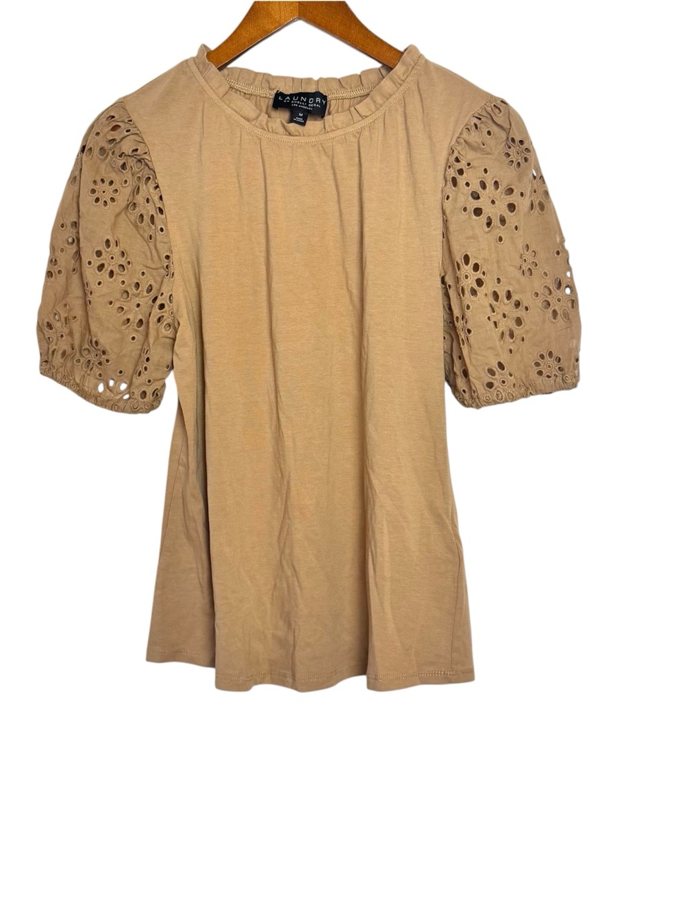 Laundry By Shelli Segal Tan Eyelet Embroidered Puff Sleeve Top in Tan